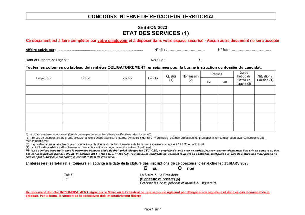 exemple de fiche état de services à faire remplir par son employeur pour le dossier d'inscription au concours interne de rédacteur territorial